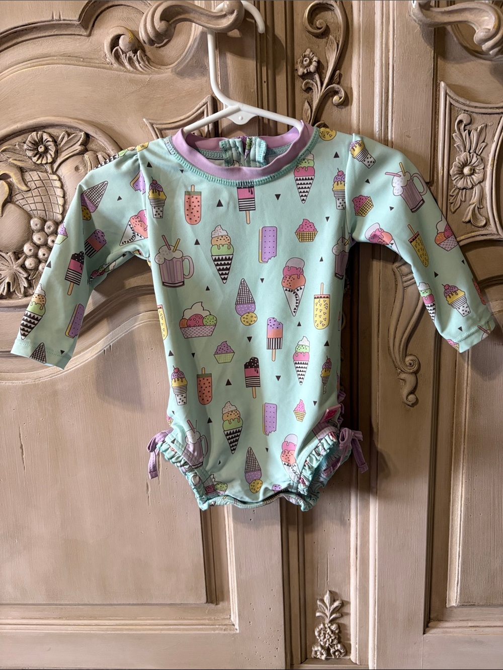 Ruffle Butts Mint Ice Cream Print Long-Sleeve One-Piece